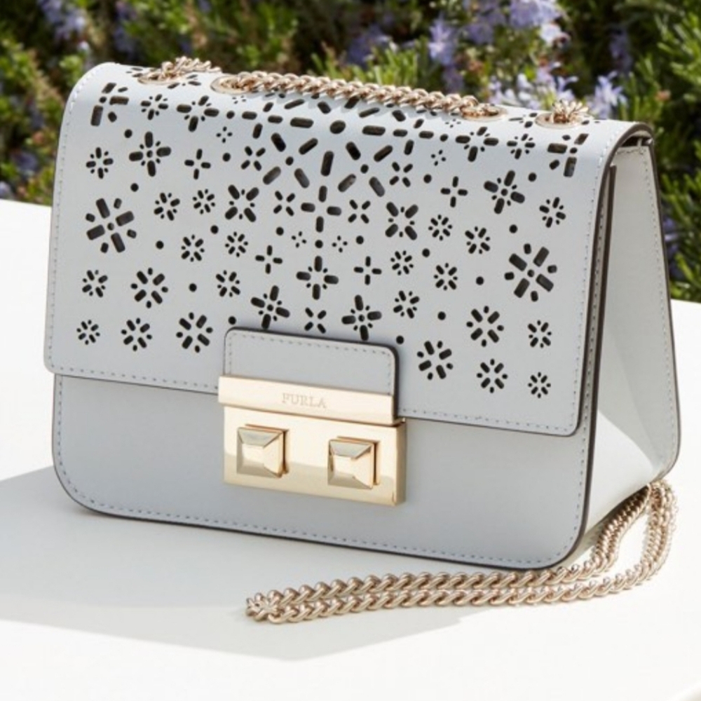 Furla Bella Mini Laser-Cut Leather Chain Crossbody with Gold Hardware